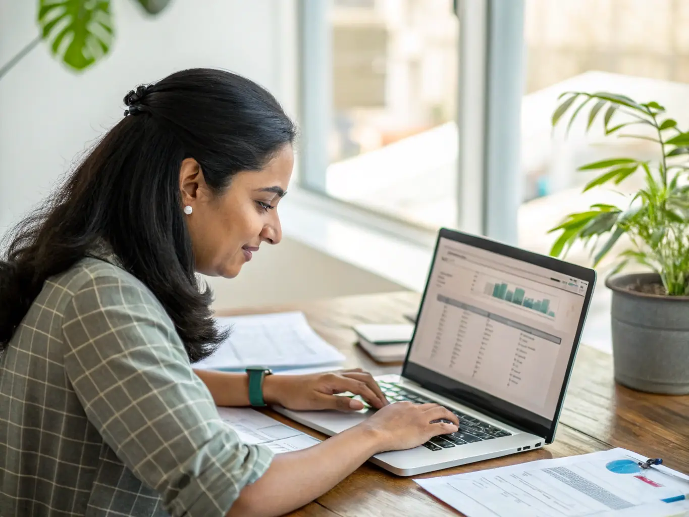 An image of a person using productivity tools on a computer, with charts and graphs displayed on the screen, symbolizing enhanced efficiency and data-driven decision-making.