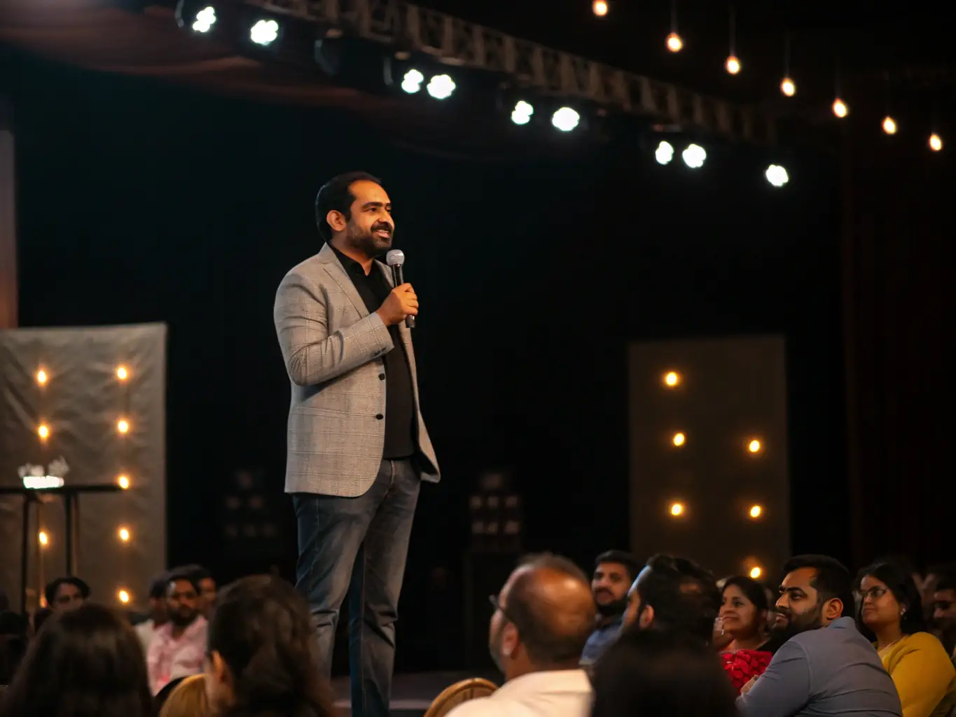A professional Indian speaker presenting on stage at a business conference, sharing insights on leadership and innovation to an engaged audience.