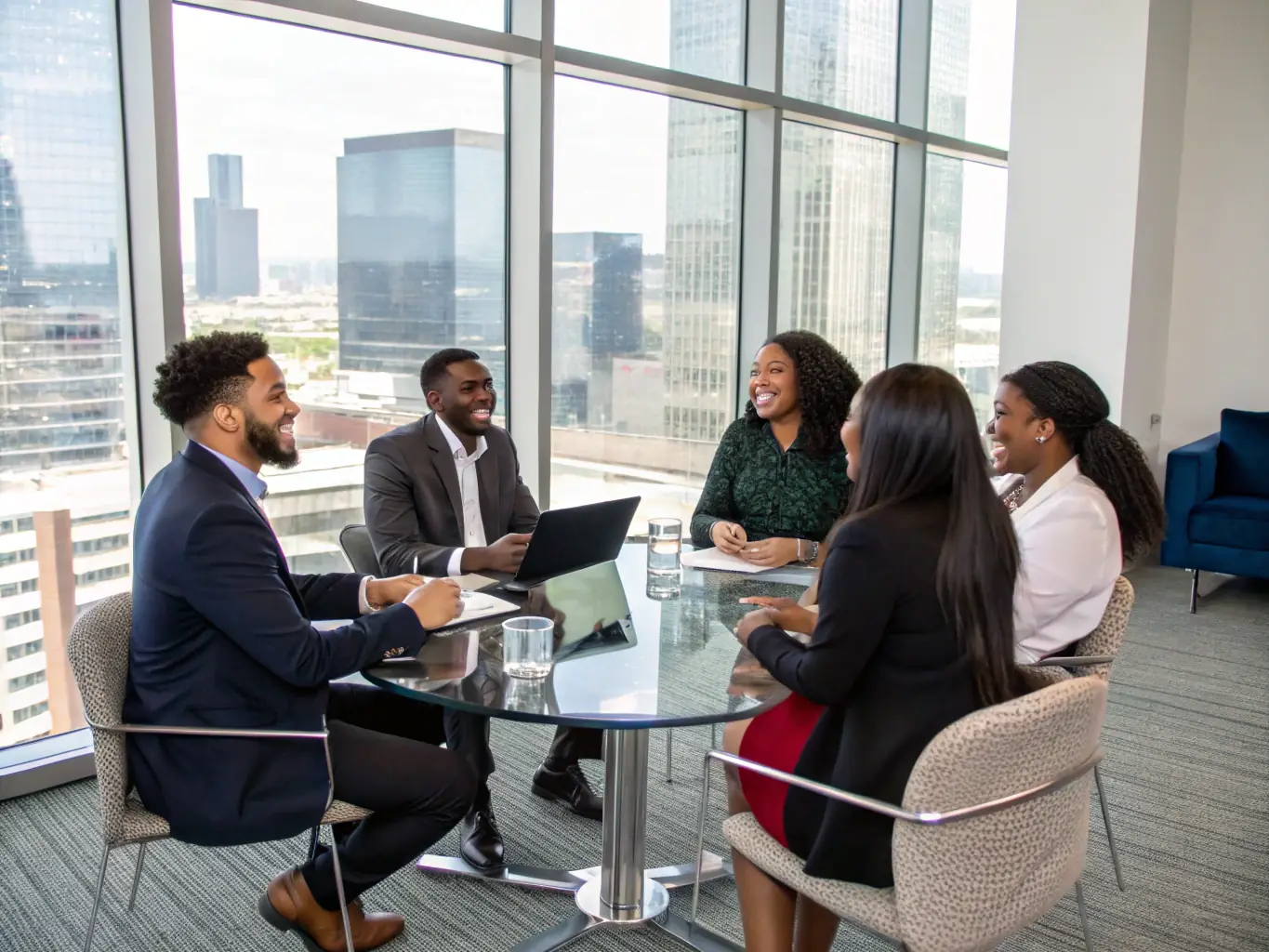 An image of a diverse group of Indian professionals participating in a training session, actively engaged in a group discussion, with a modern office setting in the background.